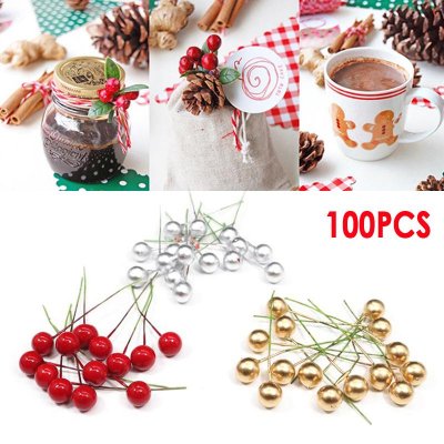 50/100 Pcs Artificial Red Holly Berry Christmas Decor On Wire Bundle Garland Wreath Artificial Fruit Party Decoration Supply